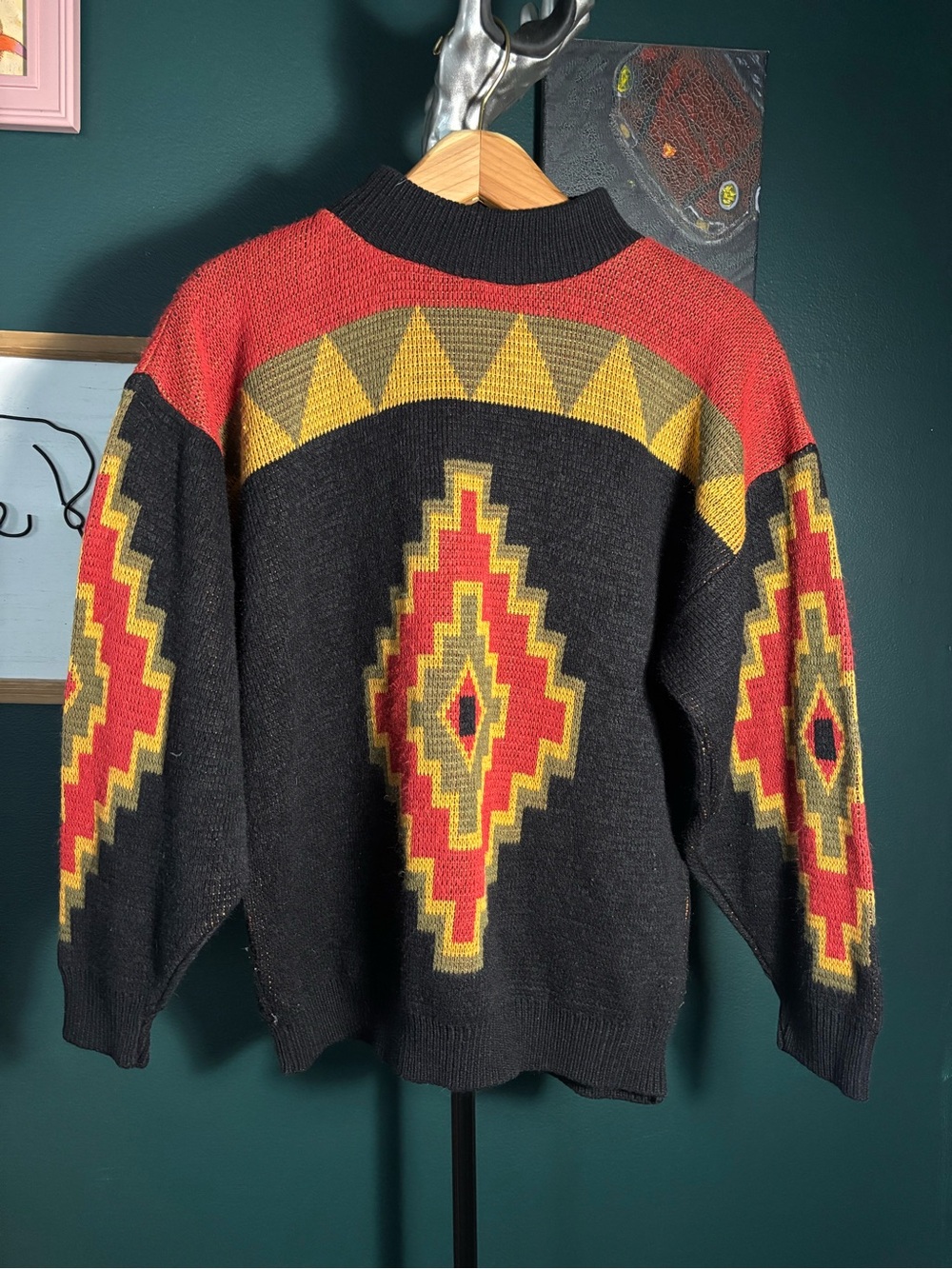 Vintage Black Crewneck Sweater with Red and Yellow Geometric Motif